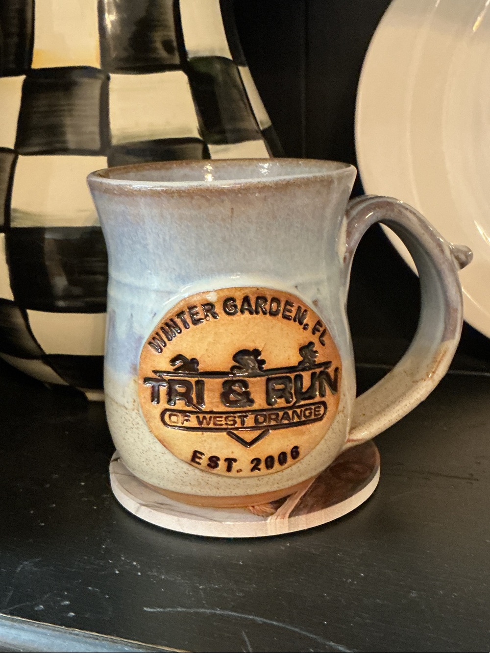 Winter Garden Fl Tri Run Mug - Light Blue and Tan